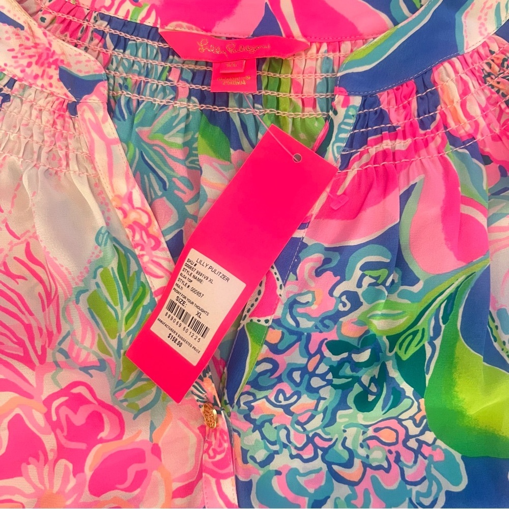 LILLY PULITZER Elsa Top Multi Peony For Your Thoughts 100% Silk Blouse Size XL - Picture 5 of 7